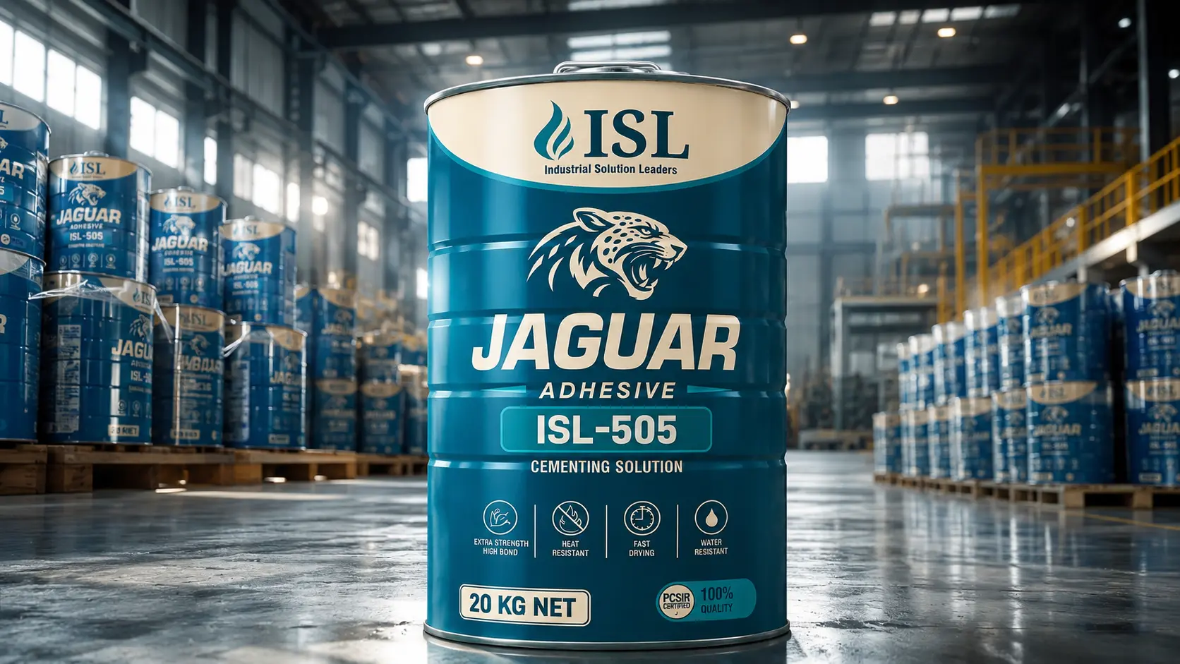 Jaguar ISL-505 adhesive drums in ISL Chemicals warehouse Sialkot